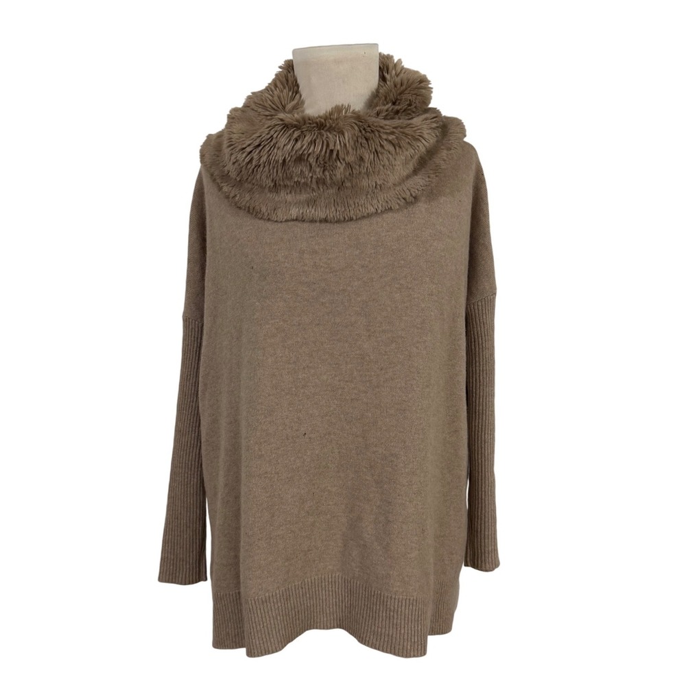 PURE COLLECTION Cowl Neck Faux Fur Trim Cashmere Sweater Women's Size S *flawed*